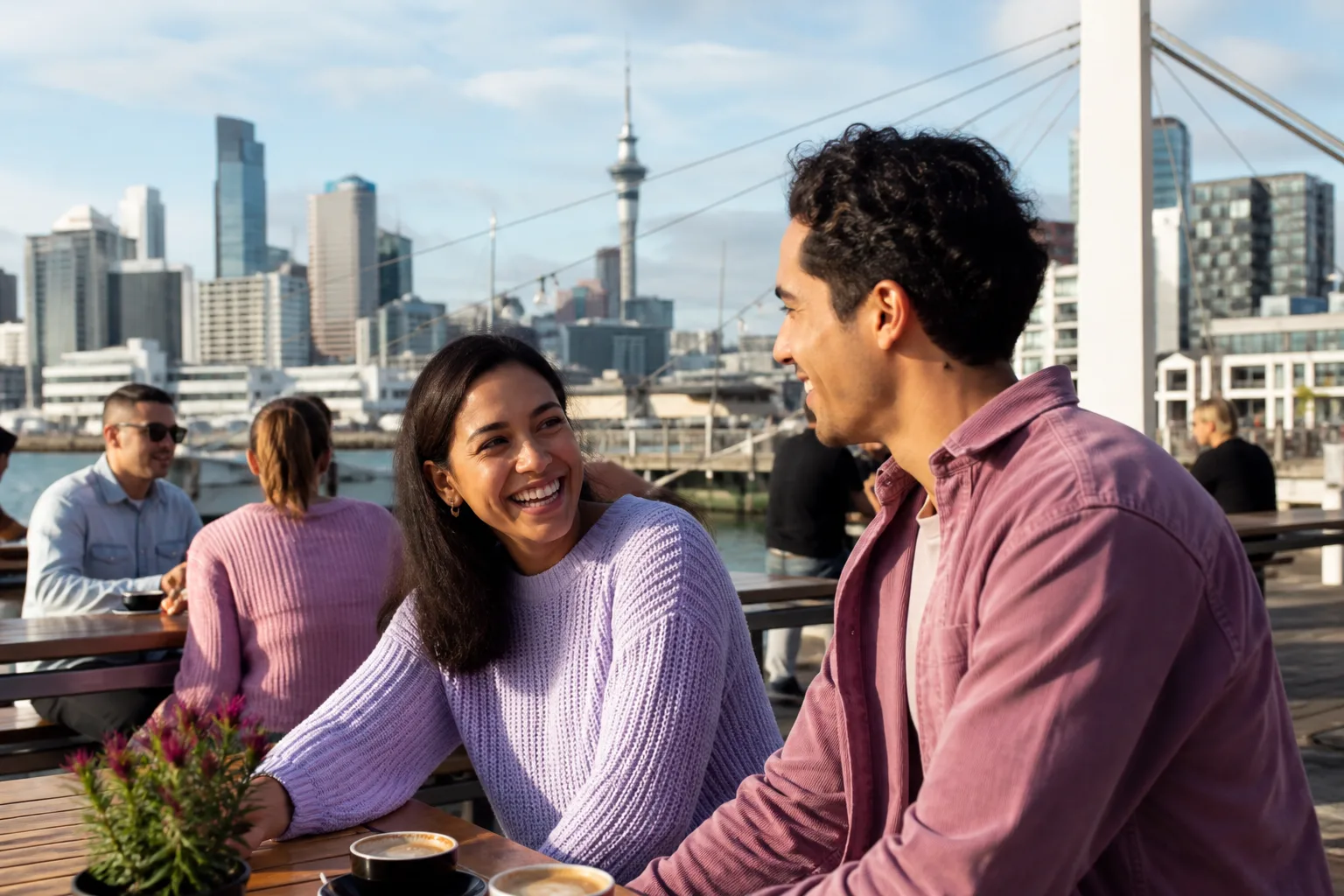 Auckland singles talking over coffee near the waterfront