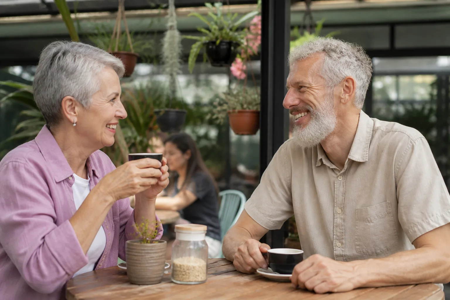 Mature couple talking over coffee beside Auckland’s waterfront