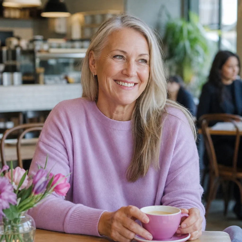 Two mature Auckland singles talking over coffee at a neighbourhood cafe