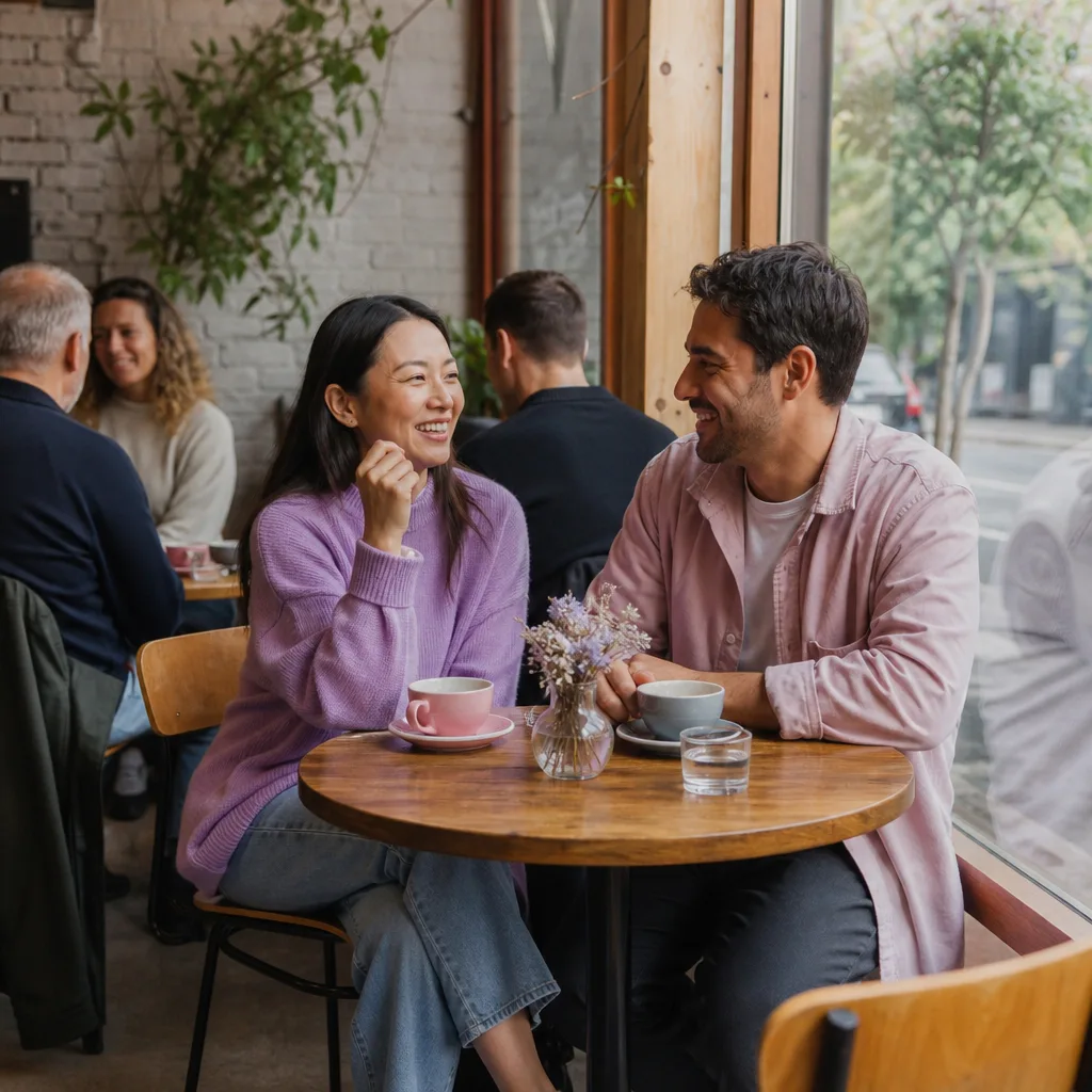 Two adults meeting near the cafés at Auckland's Wynyard Quarter