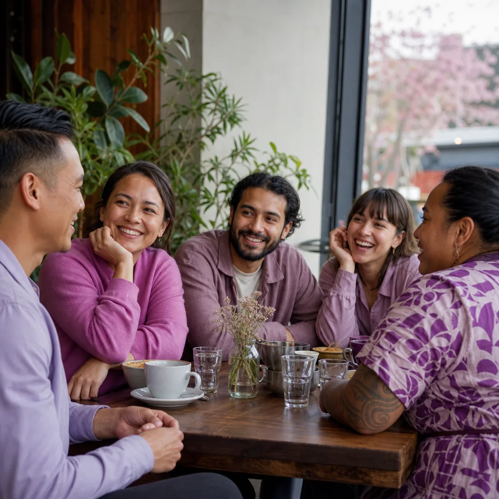 Friends from different Auckland communities talking at an outdoor gathering