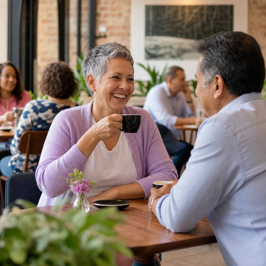 Two people over 50 meeting at a busy Auckland café during daylight
